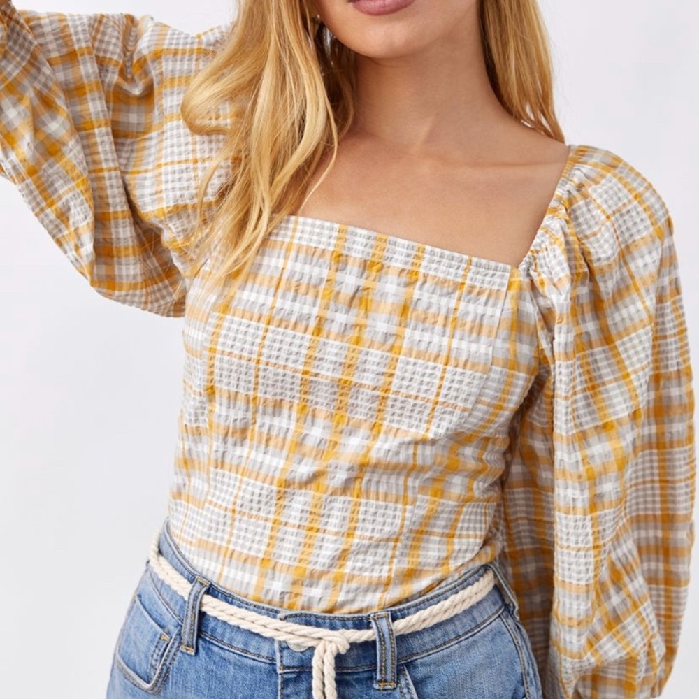 NWOT Maeve Anthropologie plaid square neck blouse